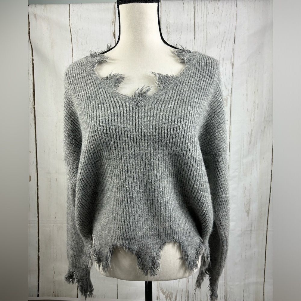 Dance & Marvel Destructed Distressed Gray Sweater V Neck - Picture 8 of 8